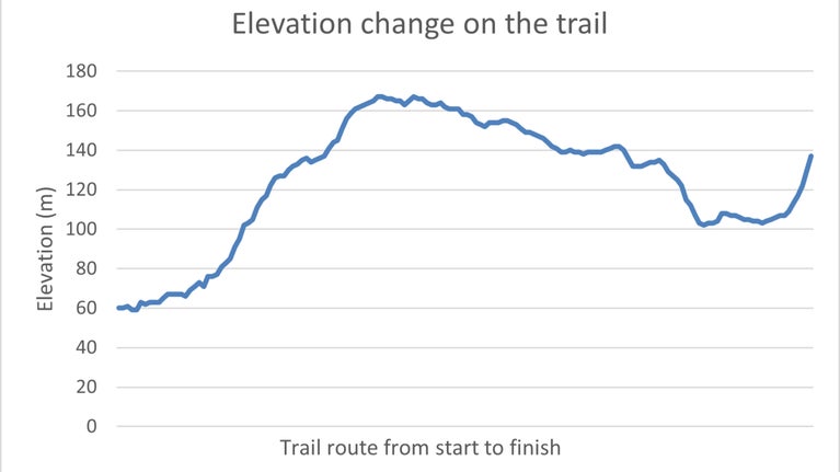 A line graph showing the change in elevation from Elterwater to Cathedral Quarry